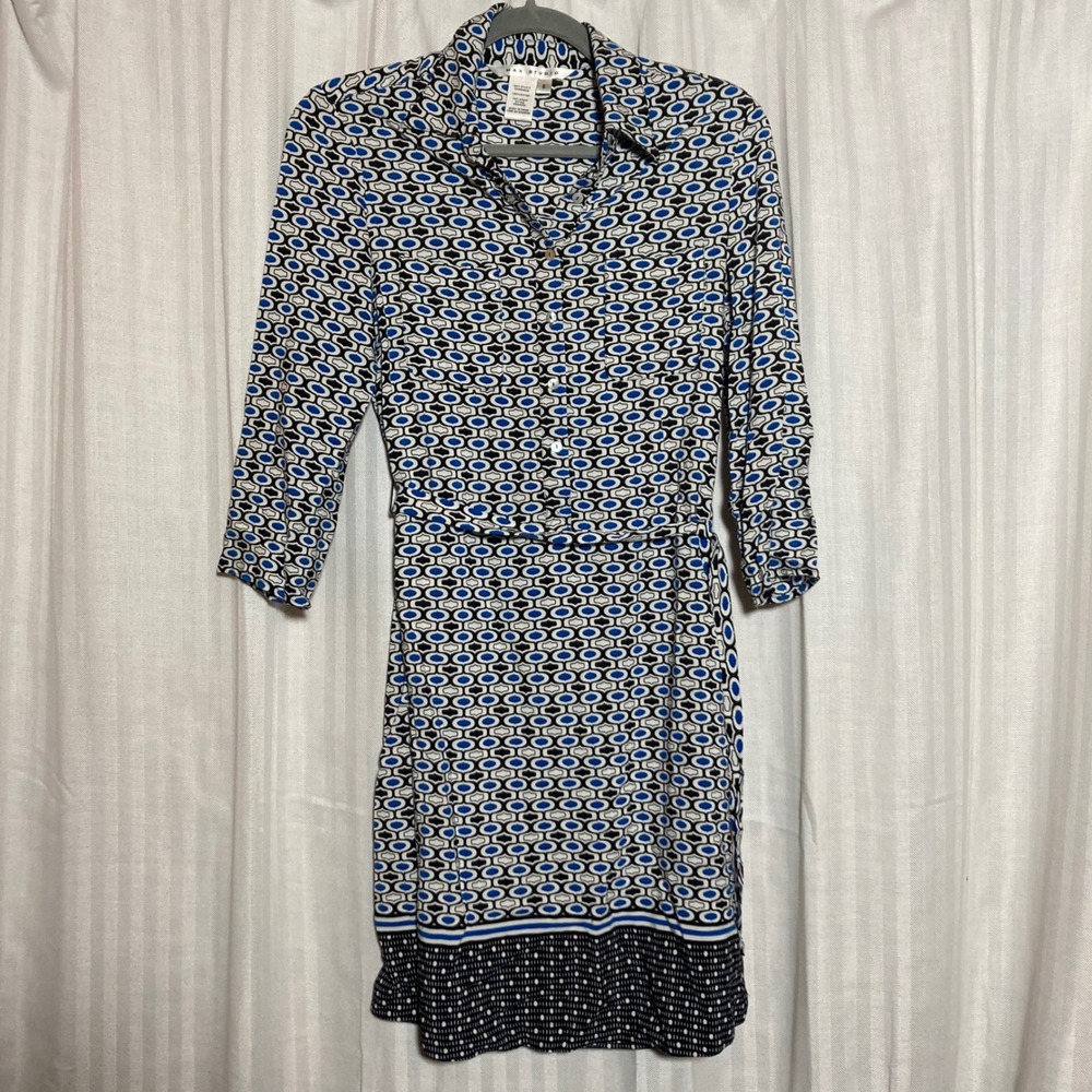 Max Studio Blue Geometric Print Rayon Dress 3/4 Sleeve S Mod Retro Office Chic